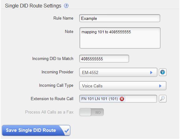 Next, navigate to Setup>Call Routing>Incoming Calls and click Create Single DID Route.