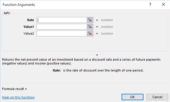 From the sub-menu displayed click on the NPV function. The Function Arguments dialog box will be displayed.