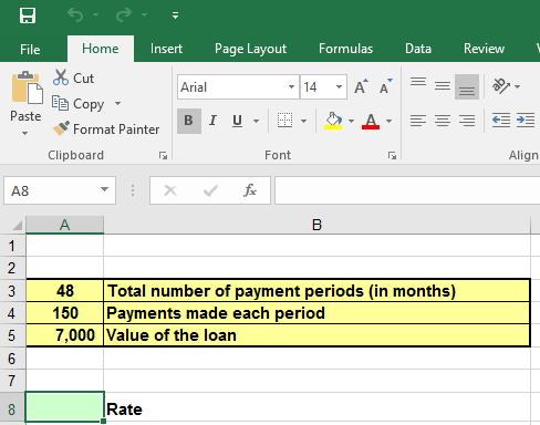 Excel 2016 Intermediate Page 112 In this example, we will calculate the rate for a loan of 7,000, spread over 4 years (48 months), with a monthly payment of 150. Click on cell A8.
