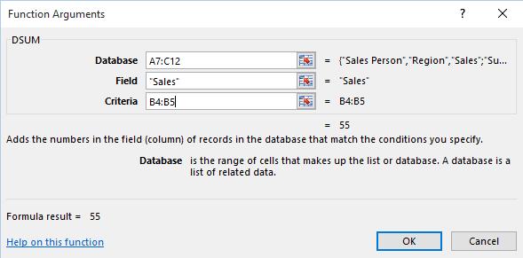 Excel 2016 Intermediate Page 131 Click on the Database field within the dialog box and then select cells A7:C12. Click on the Field section of the dialog box and enter Sales.