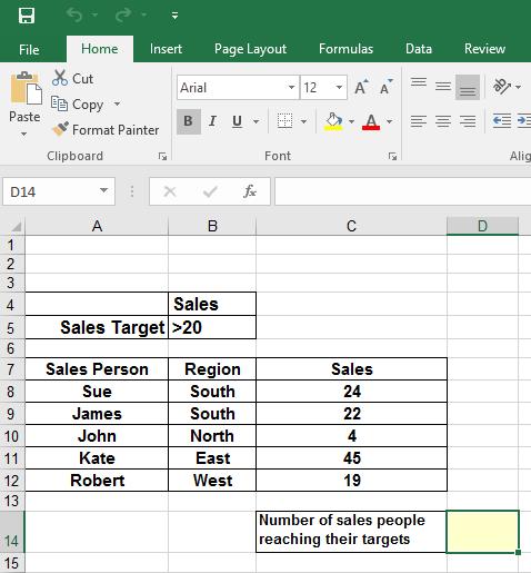 Excel 2016 Intermediate Page 140 In this example, we have a number of sales people, and their target sales should be above 20.