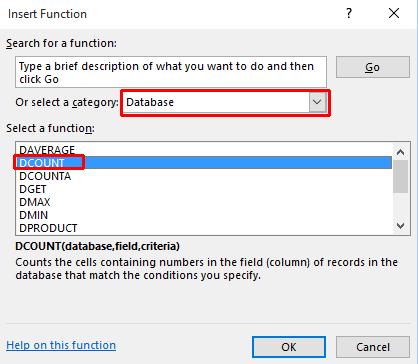 Excel 2016 Intermediate Page 141 functions displayed, scroll down and select the DCOUNT function. Click on the OK button and the Function Arguments dialog box will be displayed.