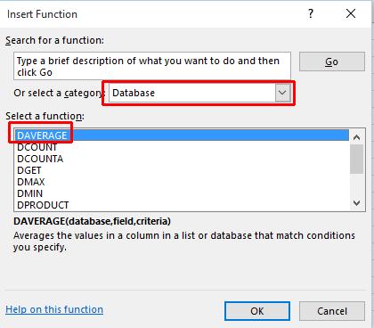 From the list of database functions displayed, scroll down and select the DAVERAGE function.
