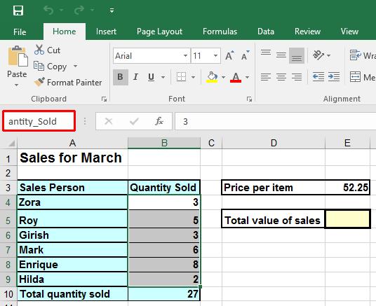 Excel 2016 Intermediate Page 148 We are now going to name the range for the Price per Item. Click on cell E3.
