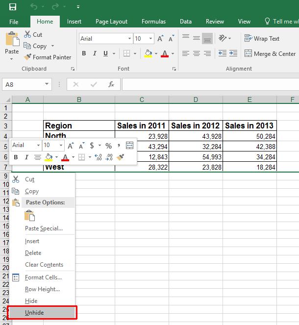 Excel 2016 Intermediate Page 179 The hidden row is now visible