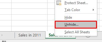 Excel 2016 Intermediate Page 183 The Unhide dialog box is displayed listing the hidden sheet(s).