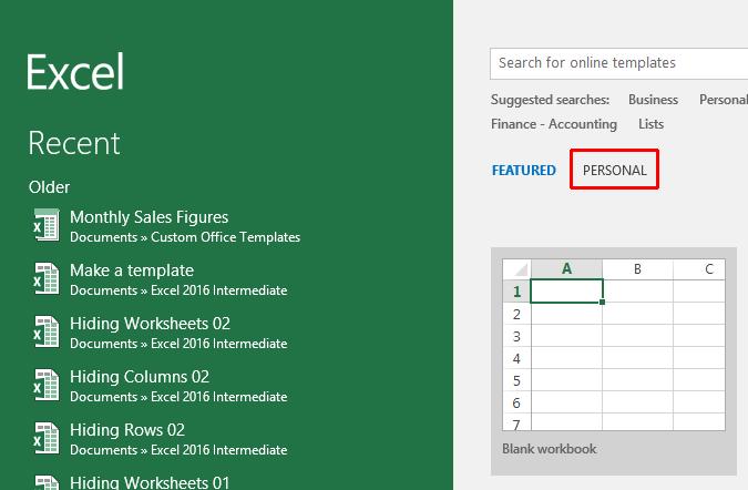 Excel 2016 Intermediate Page 191 Click on Personal and you will see your newly created template displayed.