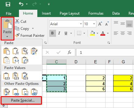 Excel 2016 Intermediate Page 200 Using Paste Special to multiply ranges To see the effect of Multiply operations, click on the Multiply worksheet tab. Select the range C3:C5.