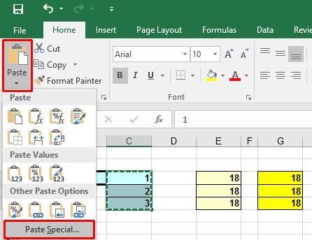 Excel 2016 Intermediate Page 202 Using Paste Special to divide ranges To see the effect of Divide operations, click on the Divide worksheet tab. Select the range C3:C5.