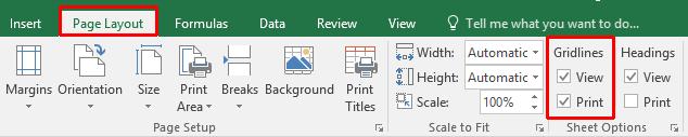 Excel 2016 Intermediate Page 215 Click on the Page Layout tab. Within the Sheet Options group, click on the Print check box under the Gridlines heading, as illustrated.
