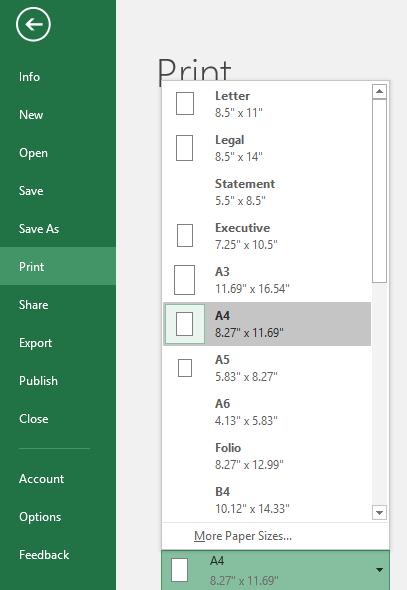 Excel 2016 Intermediate Page 229 Select the required page size.