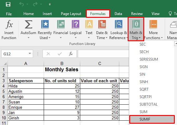 Excel 2016 Intermediate Page 58 Excel 2016 Mathematical Functions SUMIF Function Open a workbook called Functions - Sumif. The SUMIF sums the values within a range that meet specified criteria.