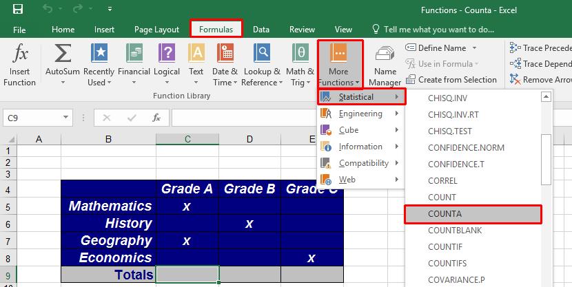 Excel 2016 Intermediate Page 65 Click on cell C9. We will use the COUNTA function to count the number of A grades, the number of B grades and the number of C grades.