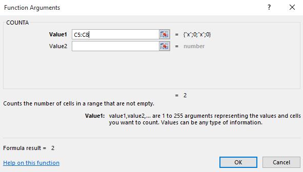 In the Value1 section of the dialog box, Enter the cell range C5:C8.