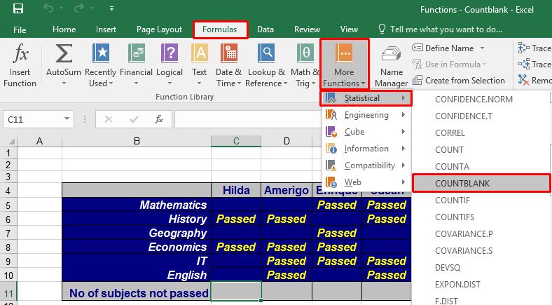 Excel 2016 Intermediate Page 72 Click on cell C11. Click on the Formulas tab and within the Function Library group click on the More Functions button.