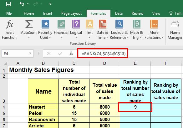 Excel 2016 Intermediate Page 79 number of sales made. Drag the contents of cell E4 to fill the range E4:E13. Your data will now look like this.