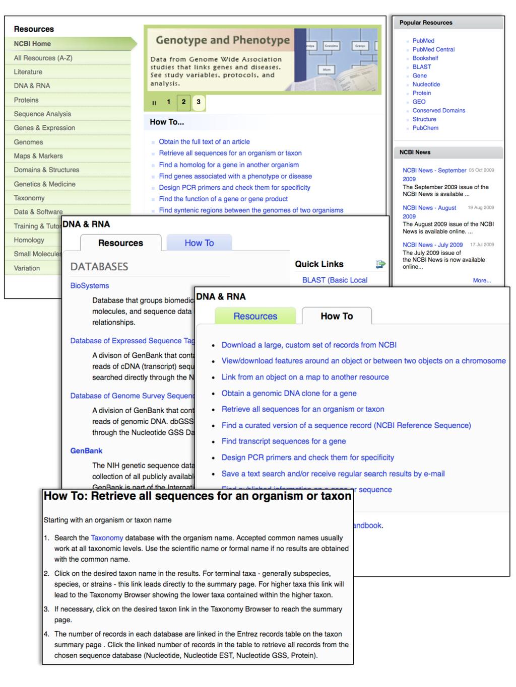 Page 7 Figure 1. The new NCBI Site Guide that is now the Homepage featuring Resource categories and How To lists.