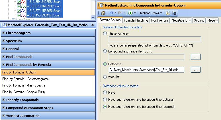 To process and interpret test mix data (Find by Formula) 1 Locate the Find Compounds by Formula section in the Method Explorer. 2 From the support disk, copy the custom database Tox_Std_01.