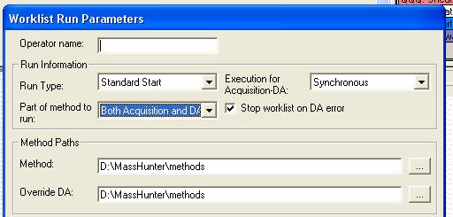Figure 10 Worklist Run Parameters window c Select whether Execution for Acquisition- DA is to be Synchronous or Asynchronous. 8 Save the worklist. 9 Run the worklist.