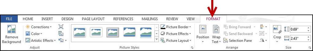 Click the Picture Tools - Format contextual tab. The Picture Tools - Format groups will appear in the ribbon (See Figure 9).