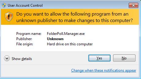 Launching The Folder Poll Manager application requires administrator privileges to run.