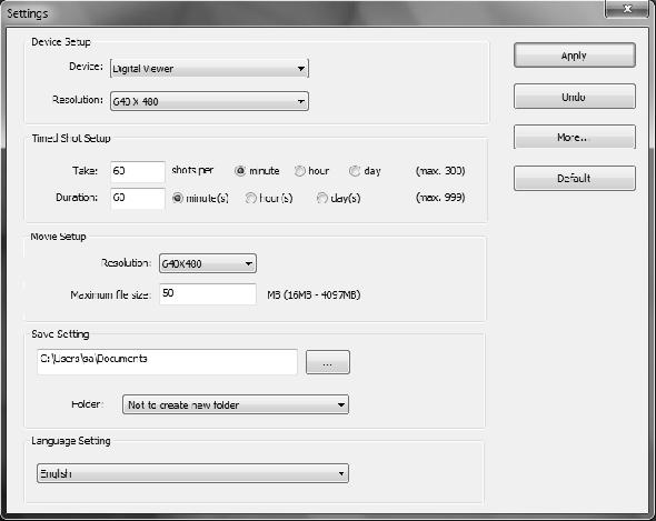 System Settings Menu The first time the Digital Viewer software is started, the default