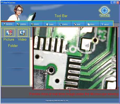 ViewTiCapture Application software Note: Before start ViewTiCapture, please make sure ViewTi Scalable digital microscope has been connected to PC via USB line Double-Click ViewTiCapture icon on