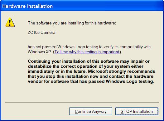 5. If you get a warning window like the one below press the Continue Anyway button. 6. This will complete the Hardware Wizard. Restart your computer if you get a Restart message from Windows.