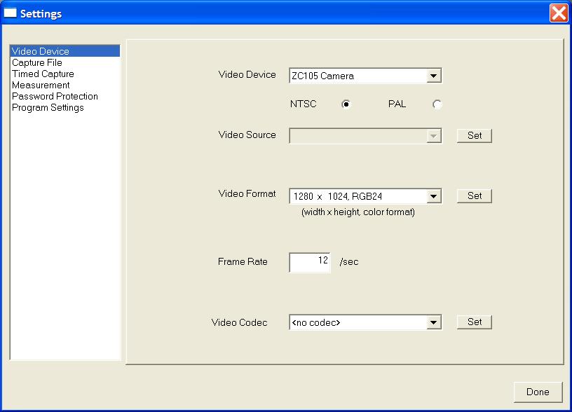 Configure the program to match the window above. The parameters are: Video Device (menu): Identifies the device which is connected to the video source.