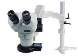 SPZ-50 Stereo Zoom Binocular Microscope on Stand DABS w/ Integrated LED Ring Light Magnification Range: 6.7x to 50x Large Zoom Ratio: 7.46:1 Field of View: 34.3mm to 4.6mm (1.35" to 0.