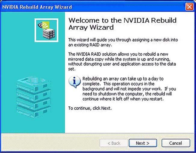 The NVIDIA Rebuild Array Wizard