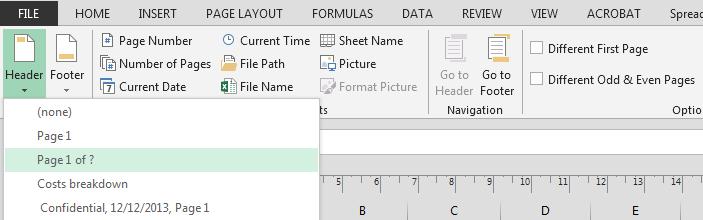 Excel has a number of preset Headers and Footers that can be used, or you can customise your