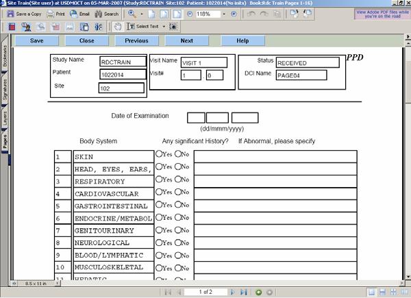 THE OC RDC PDF DATA ENTRY WINDOW The OC RDC PDF ecrf displays when an ecrf cell or icon is clicked and is used to capture, modify or view patient data.