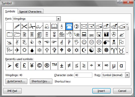 Click on the More Symbols option More Symbols 15. Click in the droplist button for Font and scroll down and click on Wingdings if necessary 16.