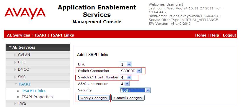 6.2. Configure TSAPI CTI Link Navigate to AE Services TSAPI TSAPI Links to configure the TSAPI CTI link. Click the Add Link button to start configuring the TSAPI link.