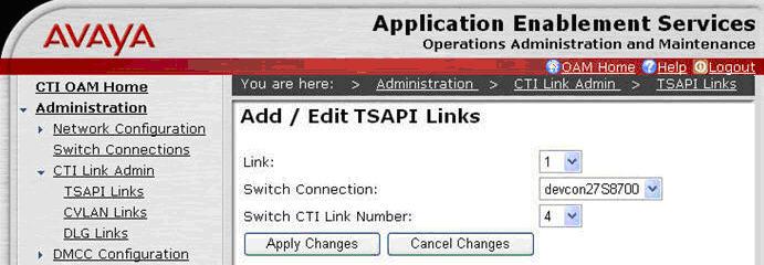 The Add / Edit TSAPI Links screen is displayed next.