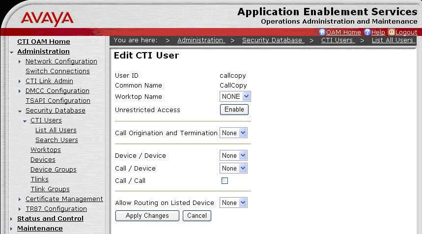 Next, administer the permissions for the CallCopy user, which is performed from the AES CTI OAM Admin web pages.