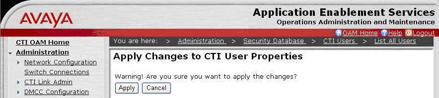 The Apply Changes to CTI User Properties screen is displayed next.
