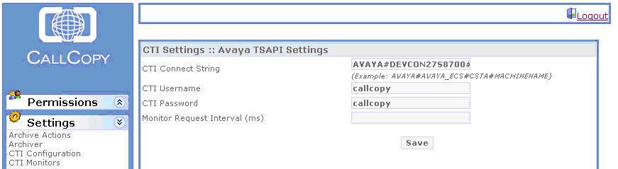 The CTI Settings :: Avaya TSAPI Settings screen is displayed next.