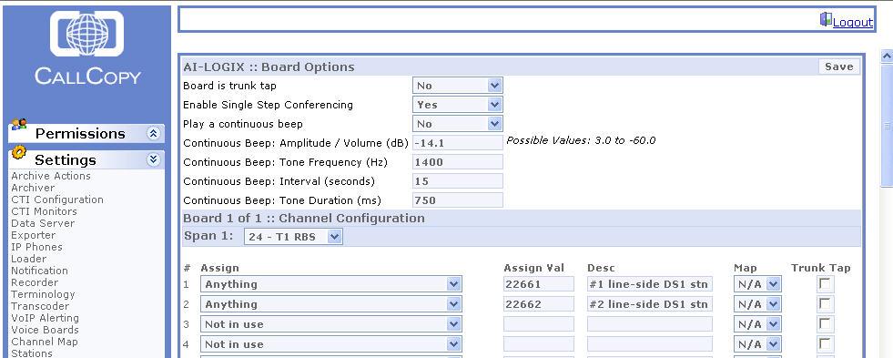 The AI-LOGIX :: Board Options screen is displayed. For the Enable Single Step Conferencing field, select Yes from the drop-down list. For the Span 1 field, select 24 T1 RBS from the drop-down list.