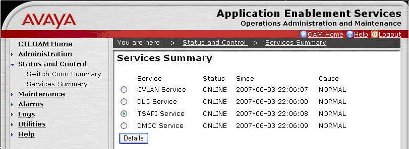 7.2. Verify Avaya Application Enablement Services From the AES CTI OAM Admin web pages,