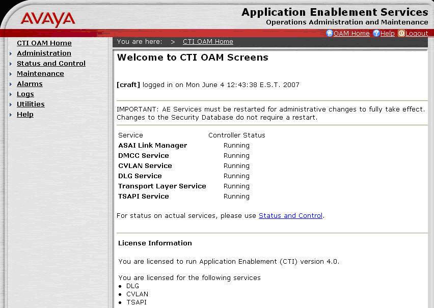 The Welcome to OAM screen is displayed next. Select CTI OAM Admin from the left pane. The Welcome to CTI OAM Screens is displayed.