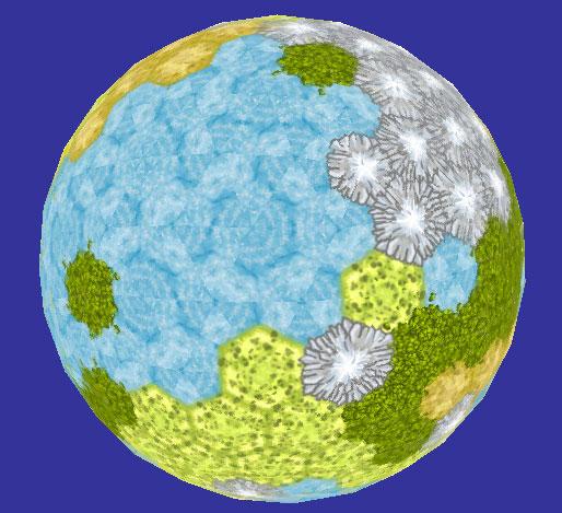 Results: The texture tiles applied to the planet mesh. Almost all hexes, but notice the pentagon mountain tile in the upper right, near the ocean.
