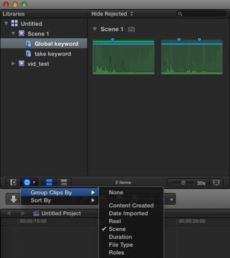 Final Cut Pro Filter Window You can use Final Cut Pro s Filter window to search clips using: Keywords; Ratings (i.e. Favorites); Roles (Input Channel Name in MetaRecorder); Dates; Any string in the clip name.