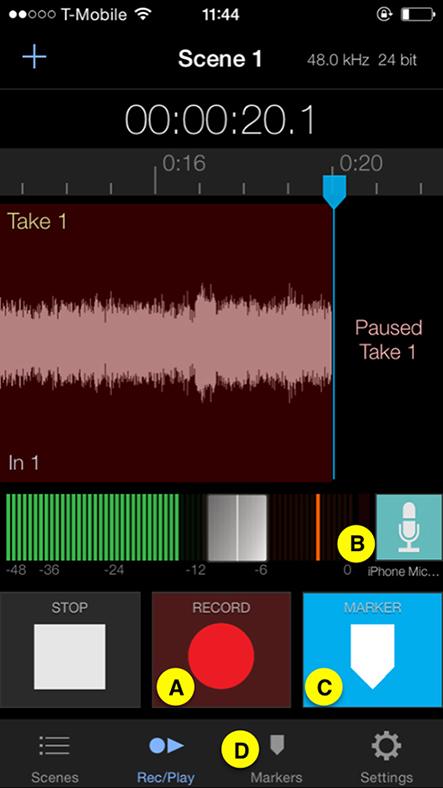Getting Started Quickly To get started quickly, tap the red Record/Pause button (A) you re now recording take 1!