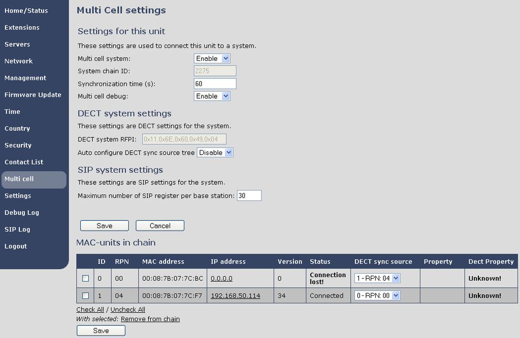 STEP 14 On the Multi-cell settings page, scroll to the DECT system settings and Enable or Disable the Auto configure DECT sync option source tree (See description in the table below).