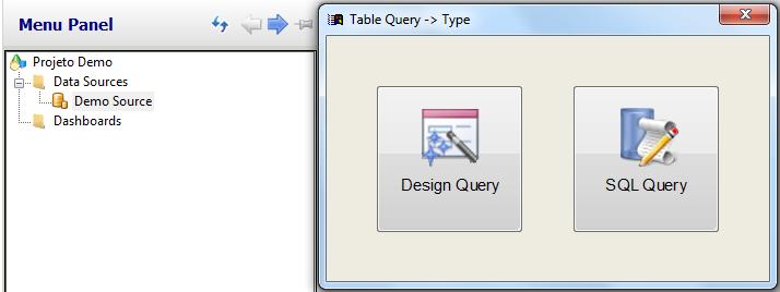 New Table Query Select the data source created, and click on the New button at the tree view, a popup will open where you can select the