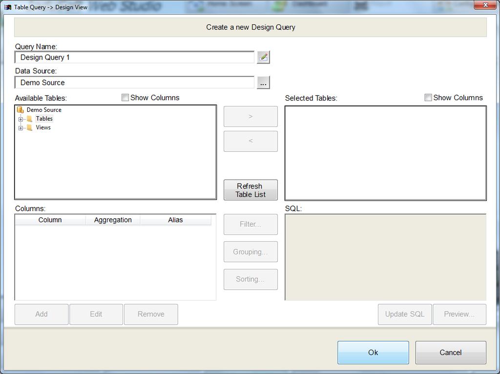 Design Mode On the Design Mode the user can interact with the screen to create a Query from a table.