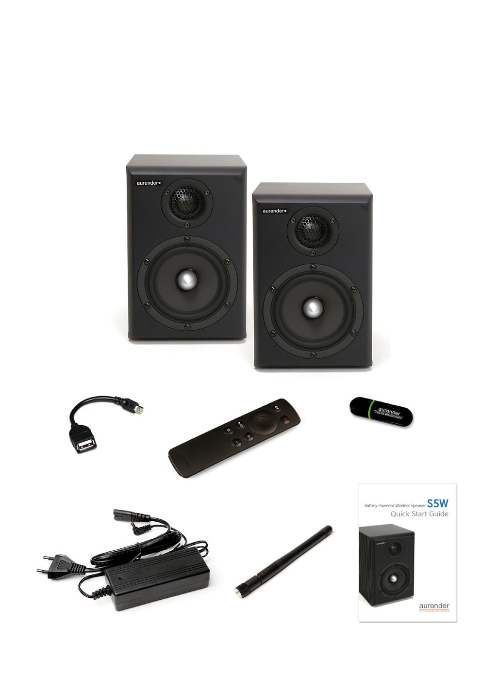 STEP 1: In the Box S5W (Left and Right) Speakers, Remote control, USB WiFi dongle, Android USB- OTG cable, DC 24V adapter (x 2), Antenna (x 2), and Quick Start Guide Speaker(L) Speaker(R) USB WiFi