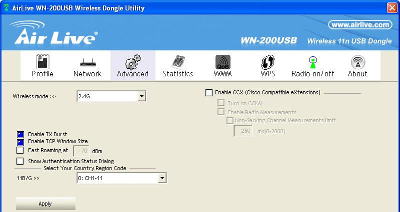 3. Configuration of WN-200USB Click Advanced tab in the Top Menu, you can configure the detailed settings in this page.